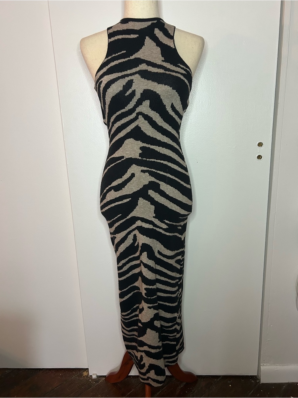 TOPSHOP Black and White Halter Zebra-Print Midi Knit Open Back Dress
